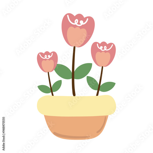 Hand drawing cartoon pink tulip flower pot and leaves. cute plant doodle