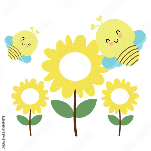 Cute hand drawing cartoon with animal bee and yellow flowers, for cards, sticker, label, tag.