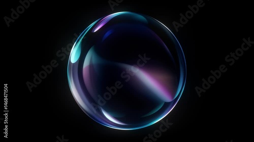 Transparent glass bubble with holographic effect on a dark background. Seamless loop, perfect for modern and futuristic designs, motion graphics, and video backgrounds.