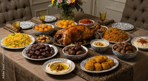 Delicious Ramadan feast featuring a roasted turkey with an array of traditional Middle Eastern dishes on an elegantly set table for a festive Iftar celebration