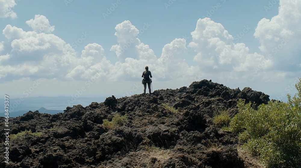 Obraz premium A lone hiker stands atop a volcanic peak, gazing out at a vast, blue-sky landscape dotted with fluffy clouds and distant mountains