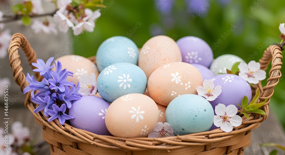 Fototapeta premium Pastel Easter Eggs in a Woven Basket with Spring Blossoms