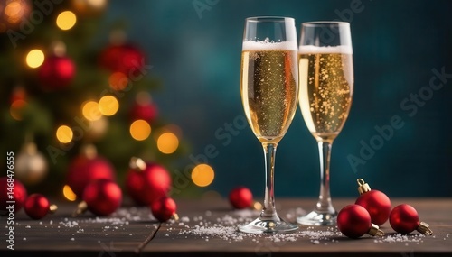Champagne flutes filled with bubbly, adorned with festive ornaments , glassware, red, silver
