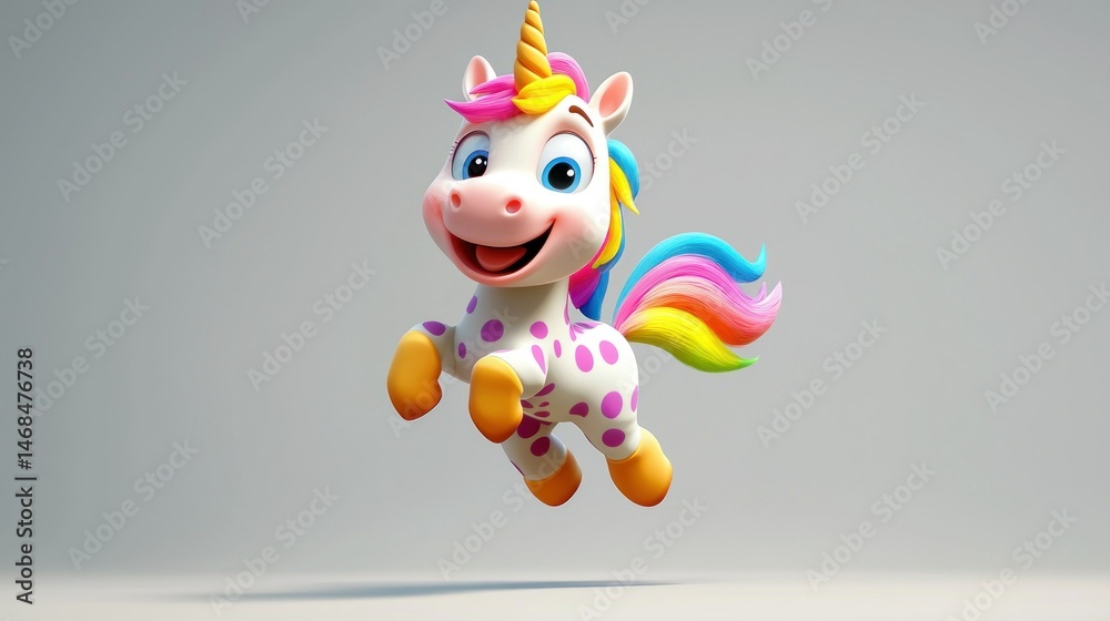 Naklejka premium Cute cartoon unicorn jumping, studio shot against gray background