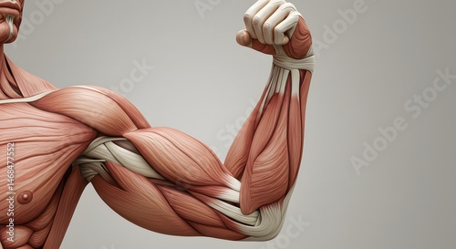 Detailed Human Muscle Anatomy Highlighting Arm Flexion and Muscular Structure in 3D Visualization