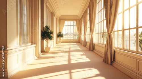 Luxurious sunlit hallway in a classical style palace