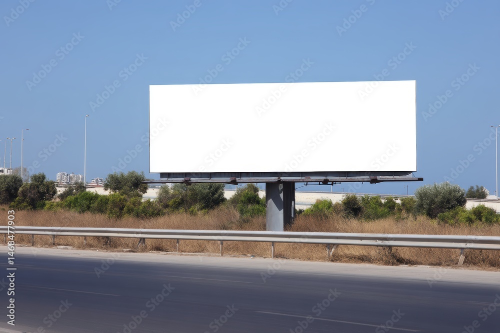 Blank billboard advertisement mockup on highway roadside sky sign blue pole media large white empty Blank billboard advertisement mockup on highway roadside sky sign blue pole media large white empty