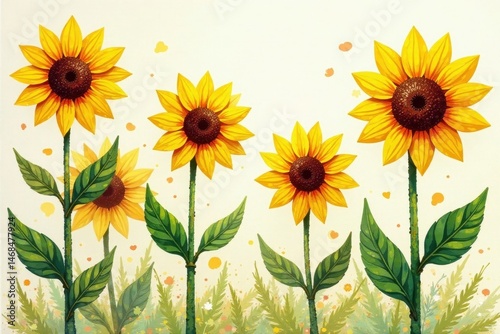 Cute sunflower doodles, abstract rough paint strokes background, card, botanical, doodles