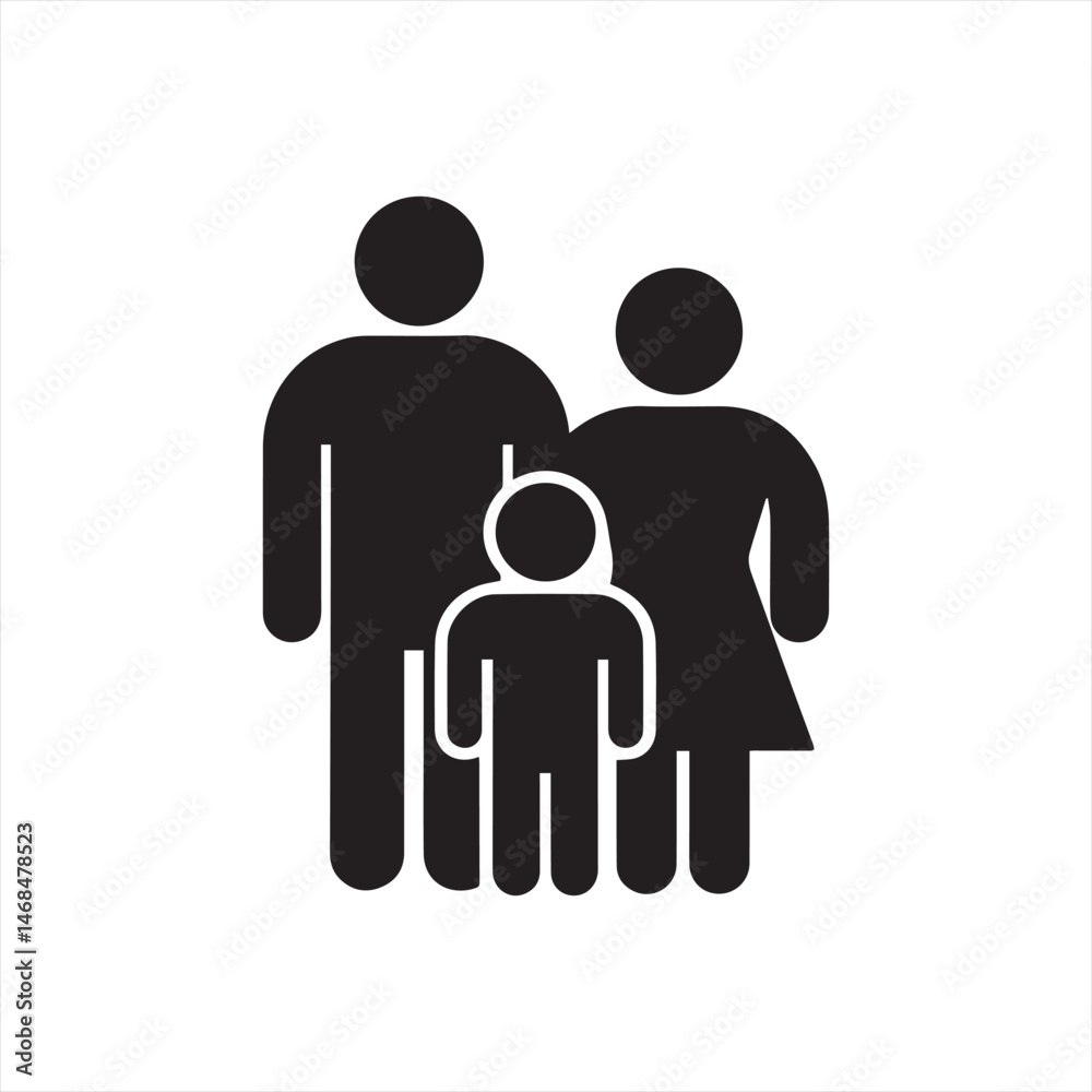 minimalist icon of three people, two adults and one child, standing together vector minimalist icon of three people, two adults and one child, standing together vector