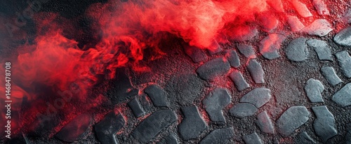 Wallpaper Mural Dramatic Red Smoke Rising Over Cobblestone Street Creating Mysterious Atmosphere for Background or Conceptual Use Torontodigital.ca
