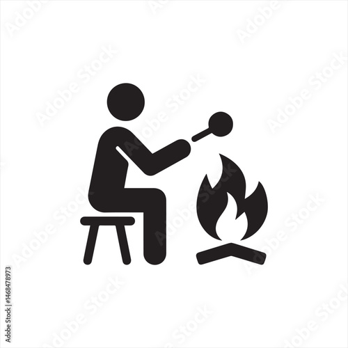 A simple black and white icon of a person sitting on a stool, holding a ladle in their right hand, cooking over an open fire