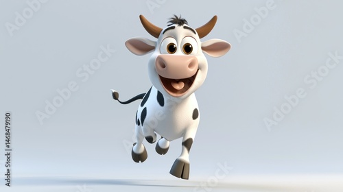 Cartoon cow running, studio, light gray background, illustration use