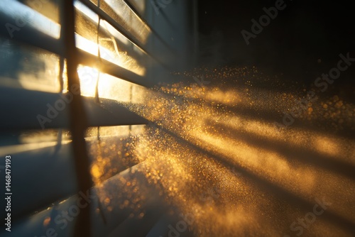 Dust Particles Dance in Golden Sunbeam Streaming Through Window Blinds During Early Morning Hours Generative AI