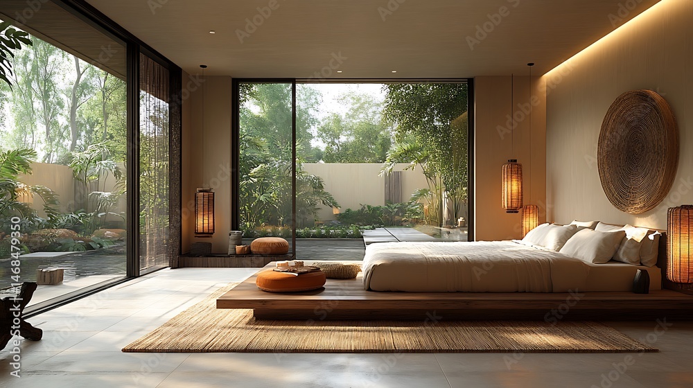Fototapeta premium Floor to ceiling glass window bedroom high resolution picture
