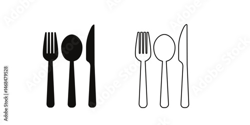 Fork, knife, spoon and plate set icons. Tableware set flat style. Dinnerservice collection. Plate, fork and knife for apps and websites. Dinner service - stock vector.