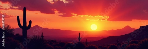 Fiery Arizona sunset over saguaro cacti silhouettes, color, heat, desert