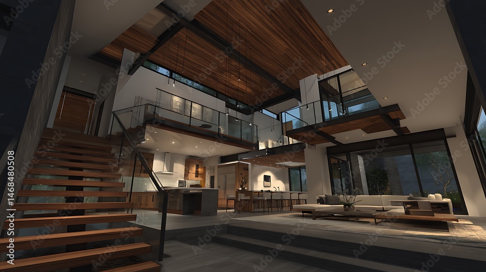 Obraz premium Contemporary modern home, interior living room, entrance stairs, high ceiling, kitchen open