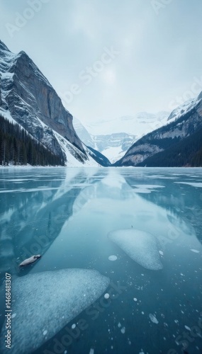 Icy lake surface reflects overcast sky, muted winter light, colors, scene