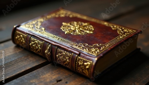 Intricate golden filigree on aged leather book cover, spellbook, antique, occult
