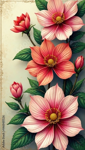 Intricate line art blossoms, seamlessly tiled; antique aesthetic , botanical illustration, subtle