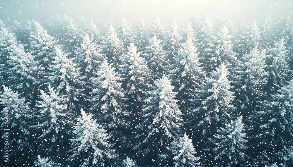 Obraz premium Aerial View of Snow Covered Pine Forest in Winter