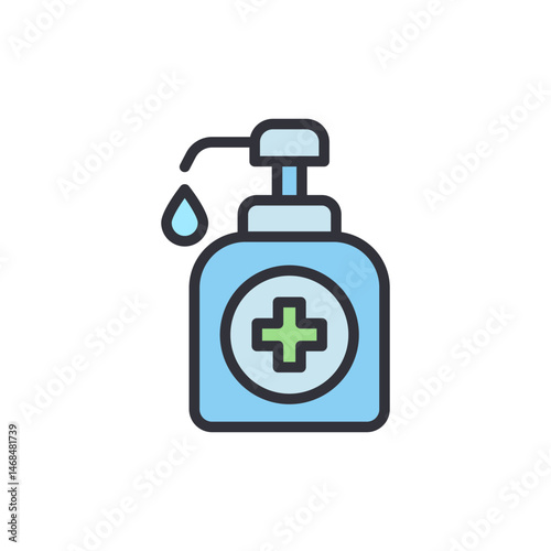 Stylized dispenser bottle emblem, representing health and sanitation product