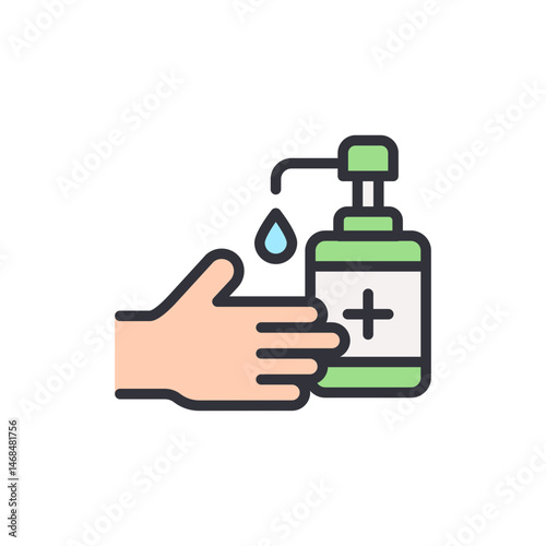 Illustration depicting hand sanitizing with dispenser, hygiene and wellness