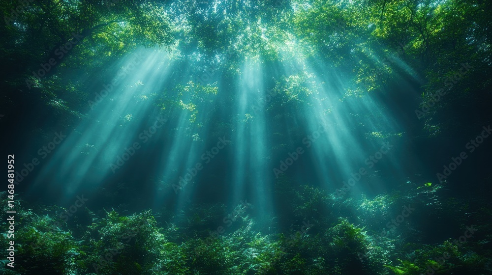 Obraz premium Sunbeams Illuminating Underwater Forest