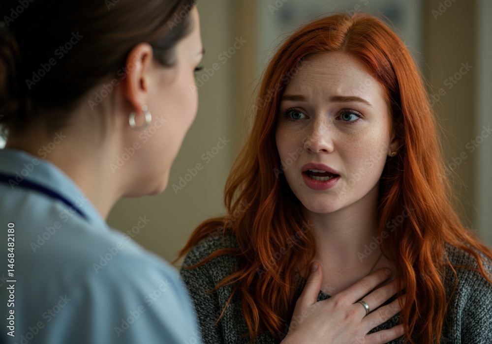 Fototapeta premium A redhead woman looks worried as she listens to a medical professional speaking indoors.