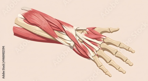 Detailed Anatomical Illustration of a Human Hand Highlighting Muscle Structure and Bones