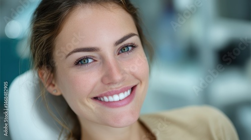 Portrait of a young woman with a beautiful bright smile and green eyes girl face skin care teeth