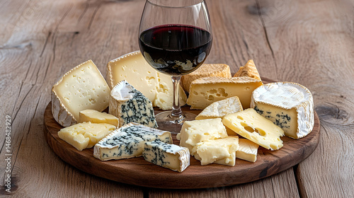 Assortment of Cheeses and Glass of Red Wine on Wooden Board