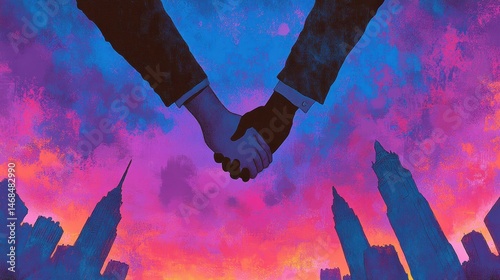 Pixelated business collaboration cityscape unity deal making partnership handshake agreement with artistic sunset background