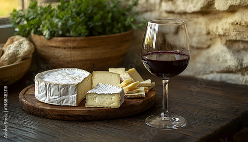 Assortment of Cheeses with Red Wine on Wooden Board