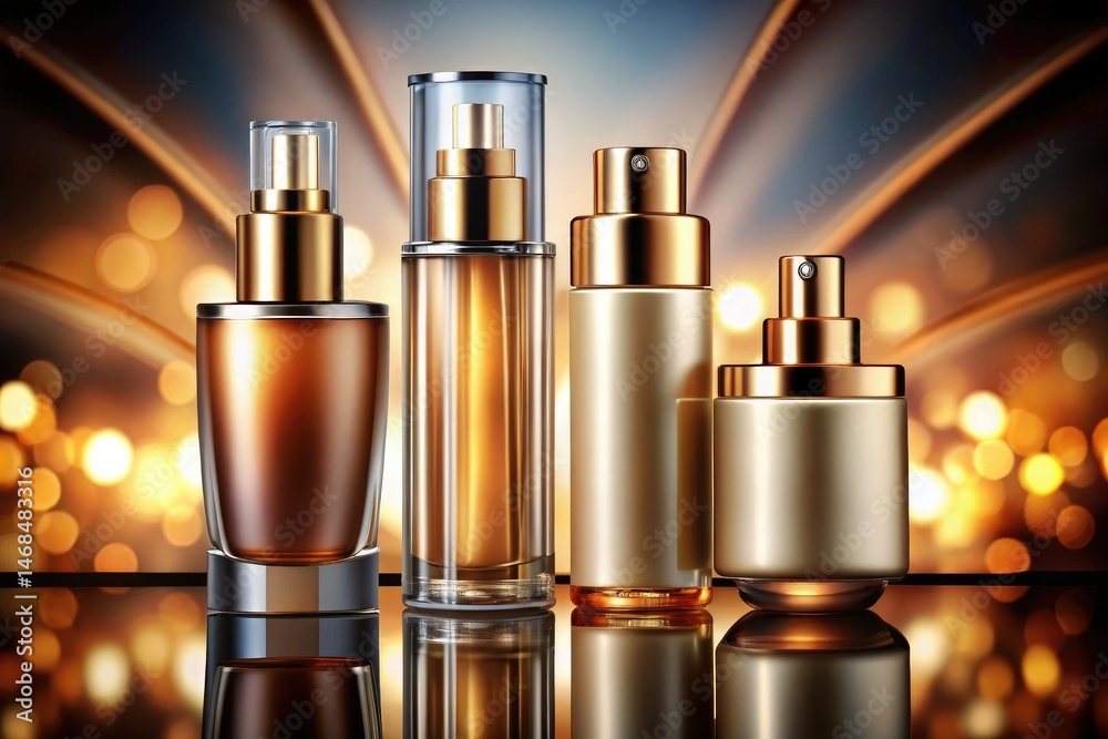 Naklejka premium Cosmetic Bottles, Beauty Product Packaging, Skincare Set, Makeup Containers, Elegant Design, Luxury Bottles, Premium Cosmetics, Bottle Mockup, Cosmetic Design, Product Packaging Design