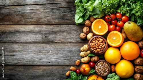 Assortment of Fresh Fruits Vegetables and Nuts on Rustic Wooden Background