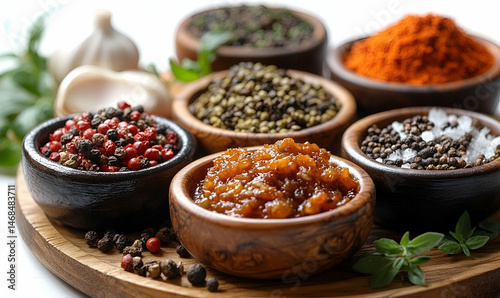Assortment of Spices and Herbs in Wooden Bowls