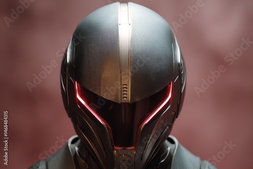 Close-up futuristic helmet with glowing red accents. photo