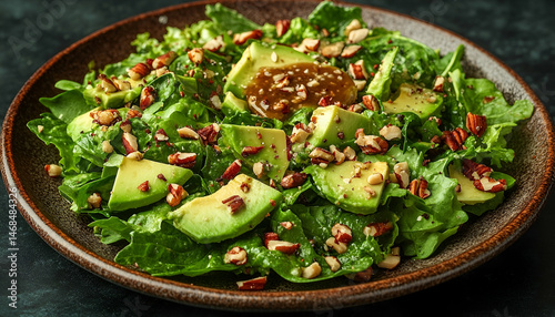 Avocado and Kale Salad with Pecans on Dark Background