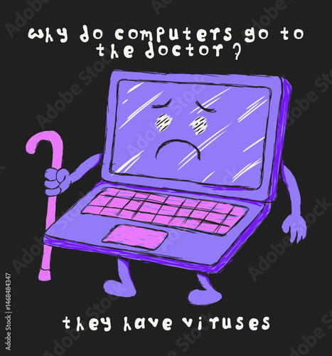 Funny Computer quote, pun character illustration. Can be used as Sticker, posters, prints. Retro cartoon style. Vector illustration