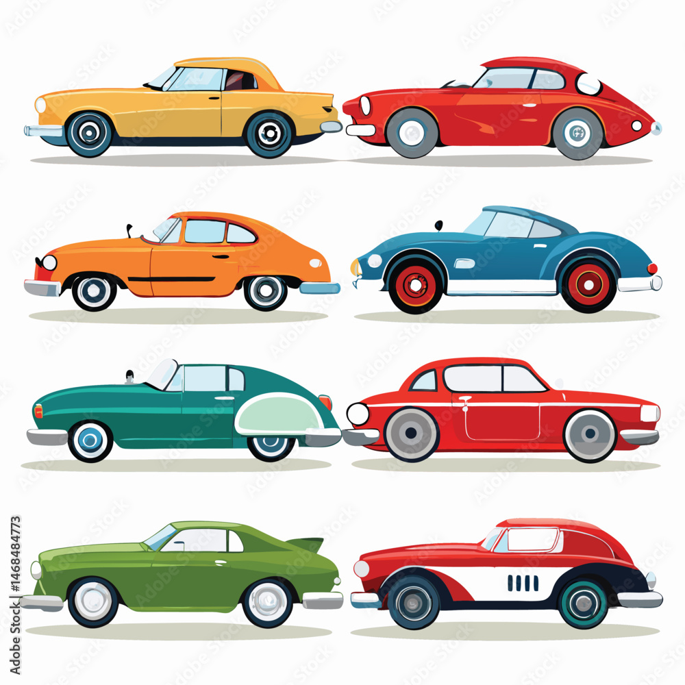 Fototapeta premium Nine classic Car arranged on a white background. 