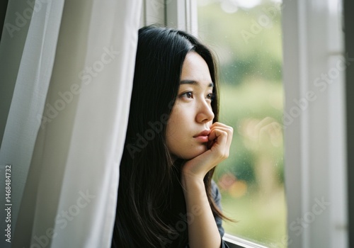 A young asian woman looking out of a window, lost in thought, in a moment of reflection. Free Download A young asian woman looking out of a window, lost in thought, in a moment of reflection. - GFXLoad