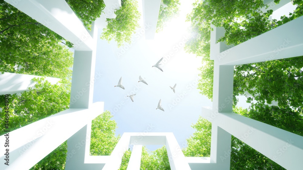 Fototapeta premium Architectural design with greenery and sky view.