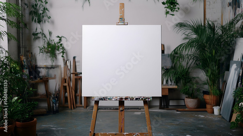 Blank White Canvas on Wooden Easel in Art Studio