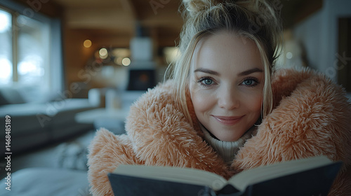 Blond Woman Reading a Book in Cozy Living Room