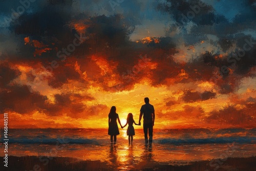 Family silhouette at sunset beach