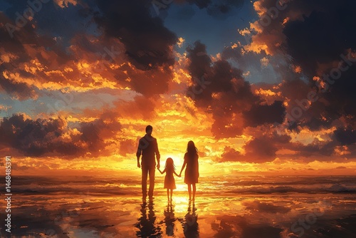 Family stands at sunset, holding hands, reflecting in water