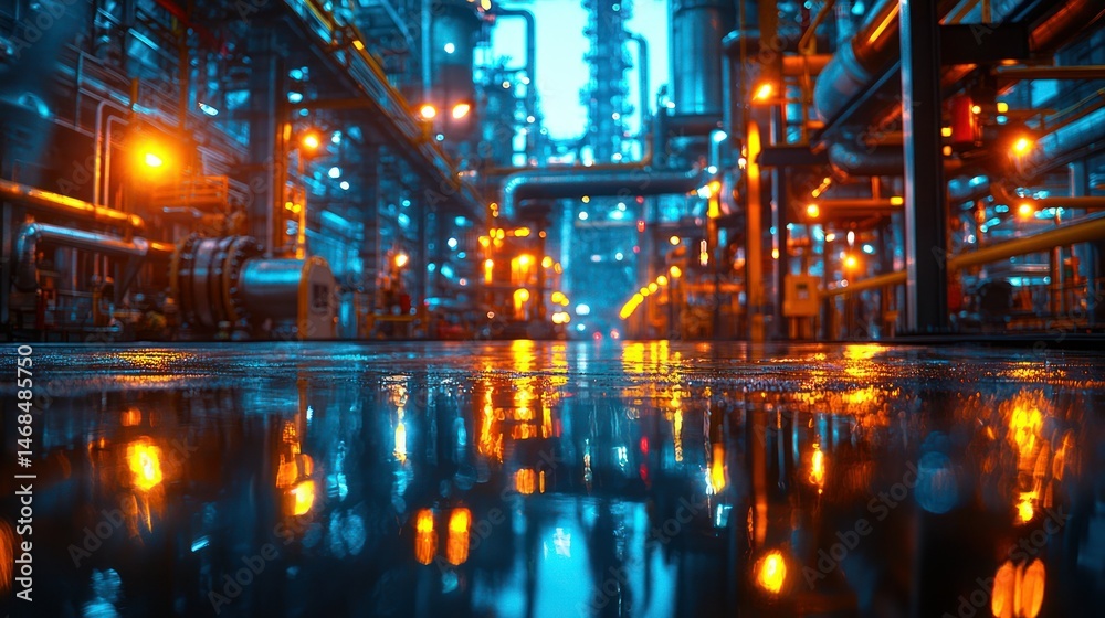Fototapeta premium Industrial complex at night, reflected in puddles