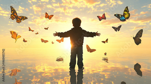 Boy with Open Arms Surrounded by Colorful Butterflies at Sunset