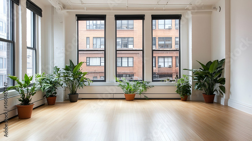 Bright Modern Room with Large Windows and Potted Plants